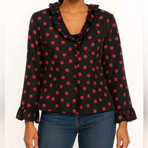 Jovani New York Blazer 100% Silk Black Red Polka Dots Ruffles Size 12